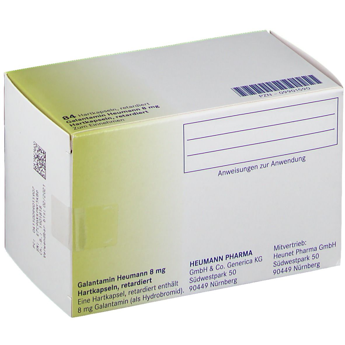 Schachtel mit Galantamin Heumann 8 mg Hartkapseln. Aufdrucke: Name, Dosierung, Packungsinhalt, Herstellerlogo.