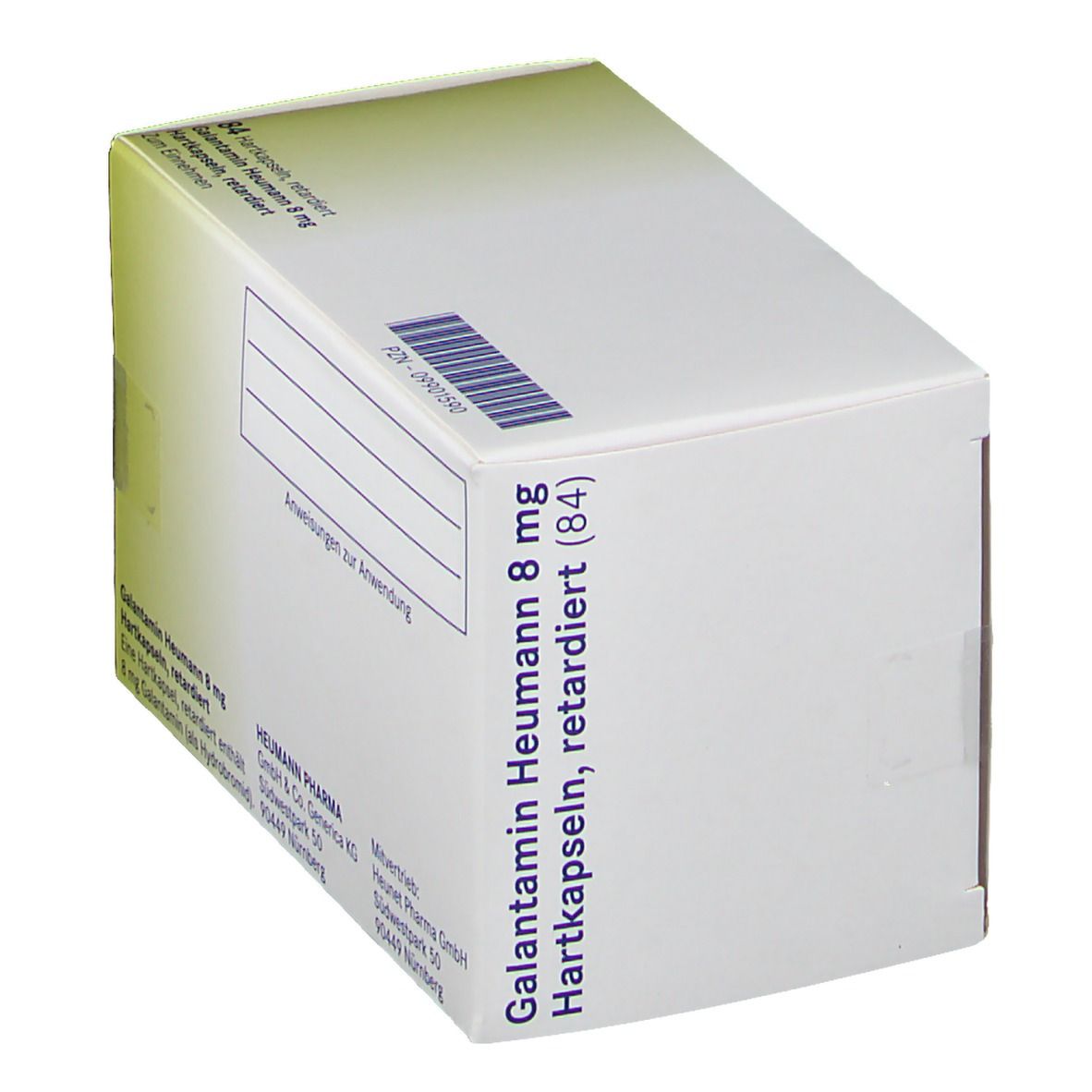 Schachtel mit Galantamin Heumann 8 mg Hartkapseln. Aufdrucke: Name, Dosierung, Packungsinhalt, Herstellerlogo.