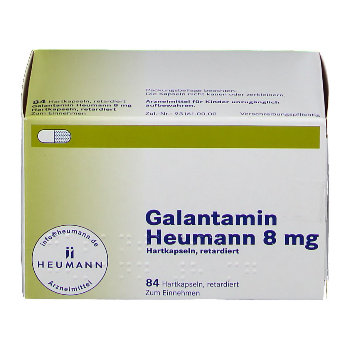 Schachtel mit Galantamin Heumann 8 mg Hartkapseln. Aufdrucke: Name, Dosierung, Packungsinhalt, Herstellerlogo.