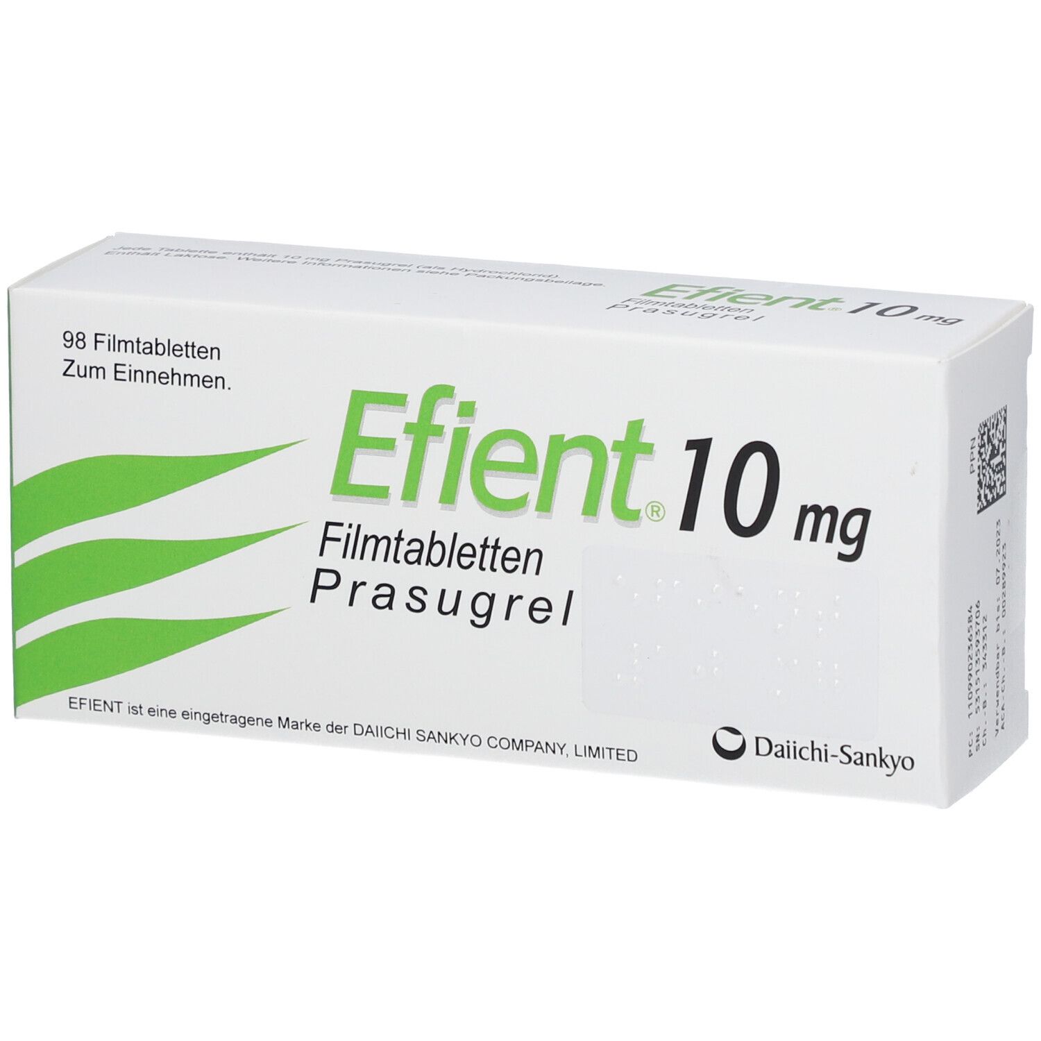 Schachtel mit EFIENT 10 mg Filmtabletten. Aufschrift: 98 Filmtabletten. Prasugrel. Marke von Daiichi-Sankyo.