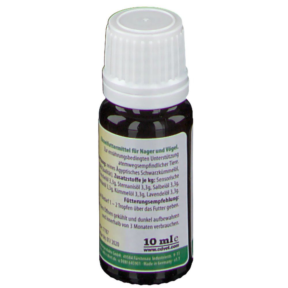 Braune Glasflasche mit weißem Deckel. Etikett mit Produktinformationen und Dosierungsempfehlung. "10 ml e".