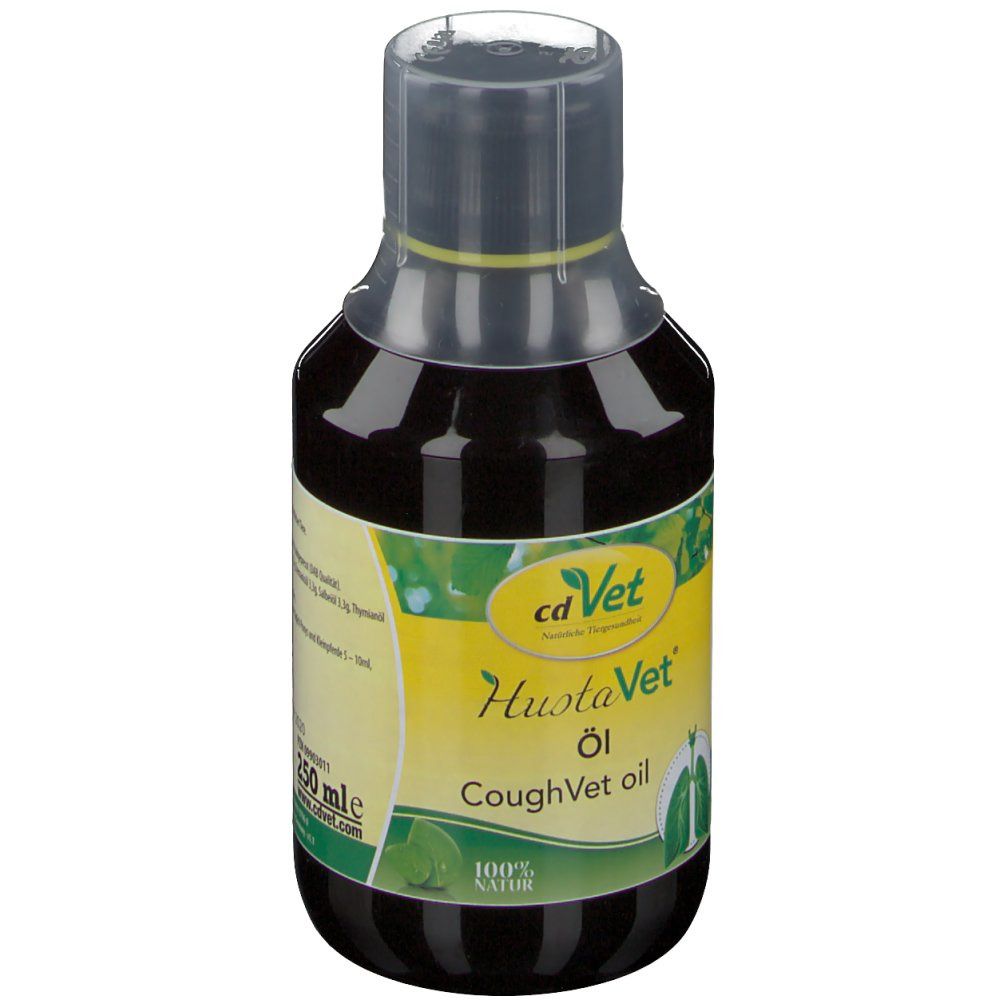 Braune Flüssigkeit in einer Flasche mit gelbem Etikett. Aufschrift: cdVet HustaVet Öl, CoughVet oil. 250 ml.