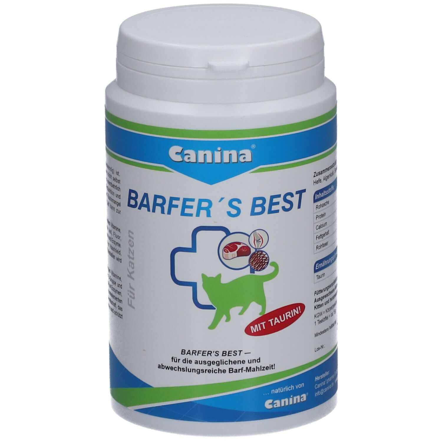 Weiße Dose mit blau-grüner Beschriftung. Aufschrift: Canina Barfer's Best. Illustration: Katze, Fleisch, Kreuz.