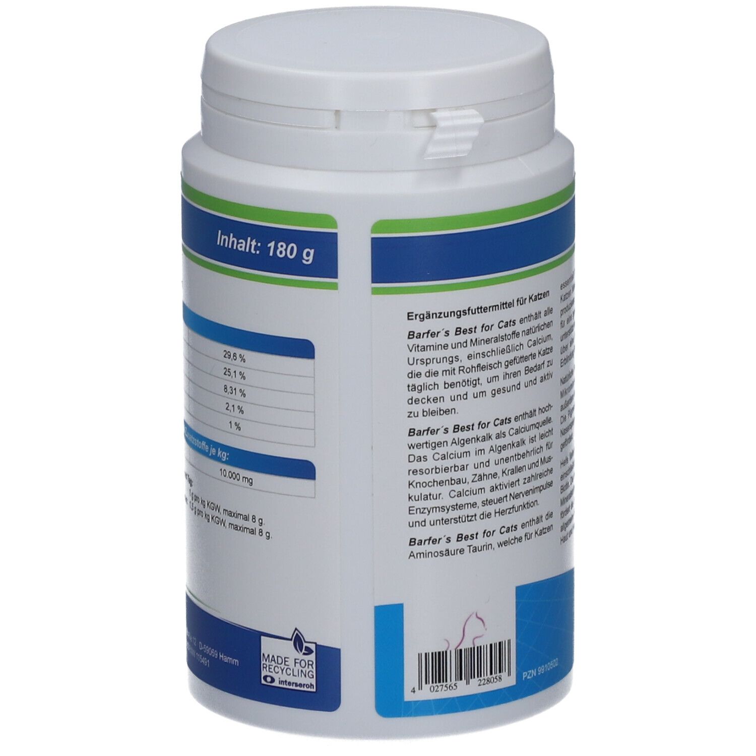 Weiße Dose mit blau-grüner Beschriftung. Aufschrift: Inhalt: 180 g. Rückseite mit Inhaltsstoffen und Nährwertangaben.