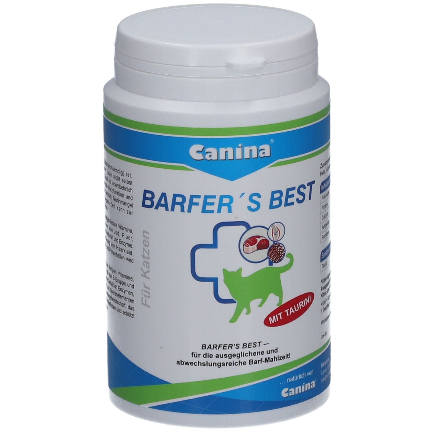 Weiße Dose mit blau-grüner Beschriftung. Aufschrift: Canina Barfer's Best. Illustration: Katze, Fleisch, Kreuz. Mit Taurin.