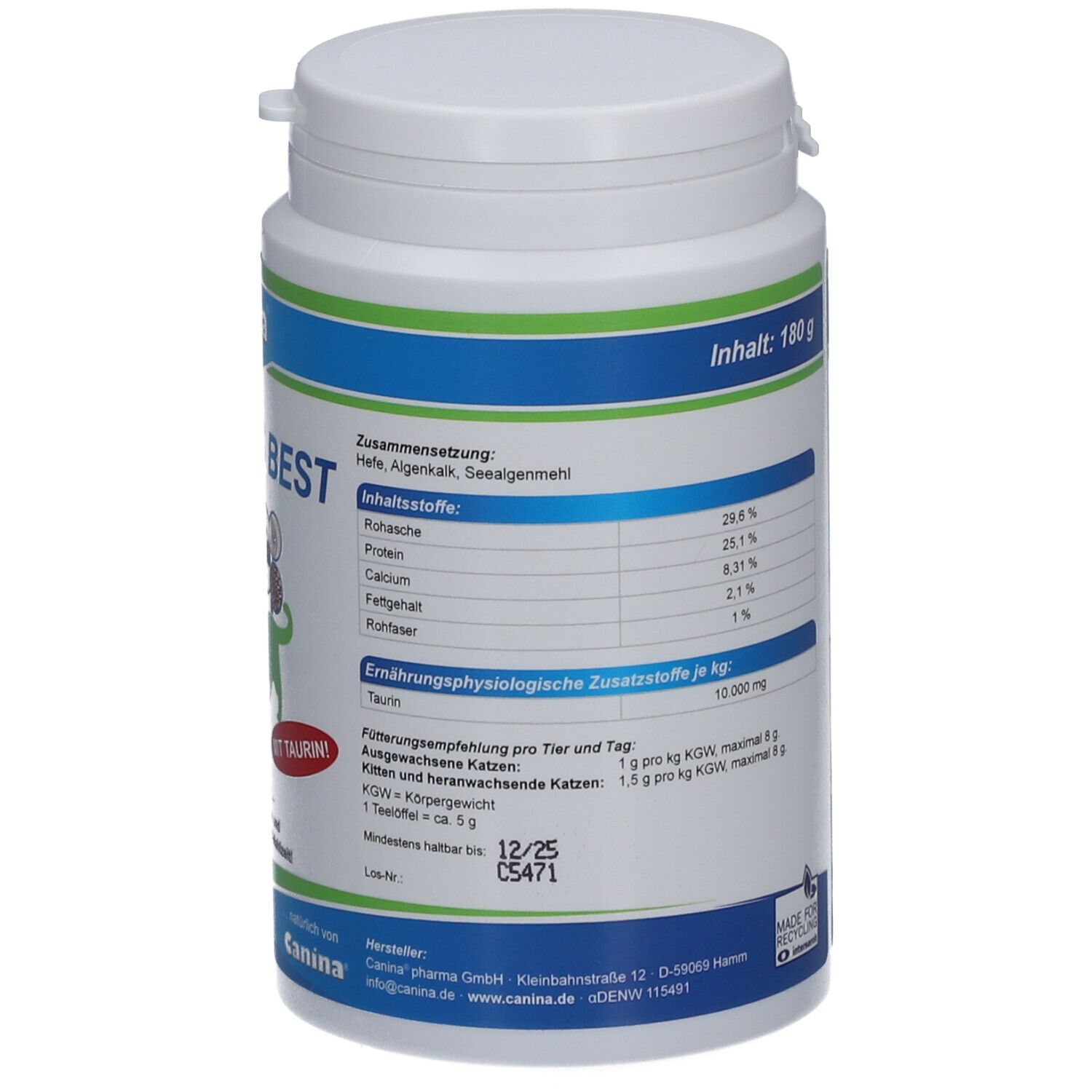 Weiße Dose mit blau-grüner Beschriftung. Aufschrift: Inhalt: 180 g. Rückseite mit Inhaltsstoffen und Fütterungsempfehlung.