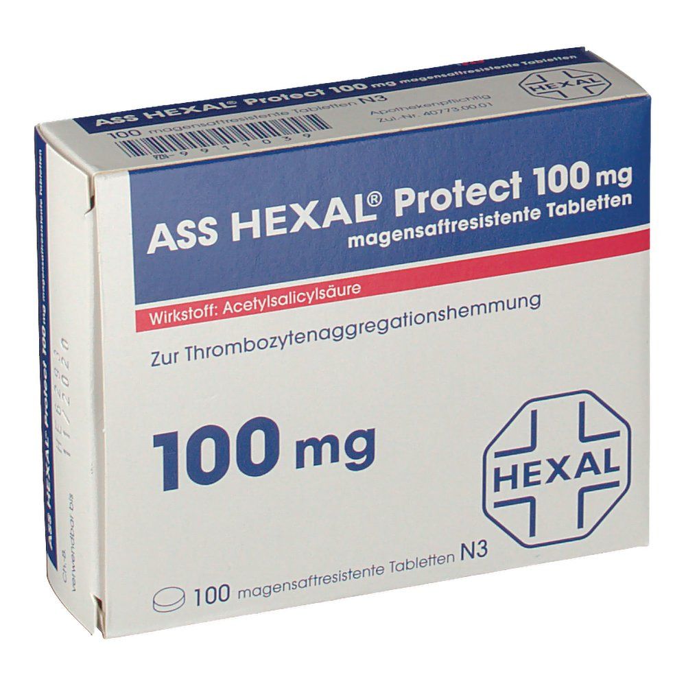 ASS HEXAL Protect 100 mg Packung. Blaue und weiße Schachtel mit Produktnamen, Dosierung und HEXAL-Logo. Enthält 100 magensaftresistente Tabletten.
