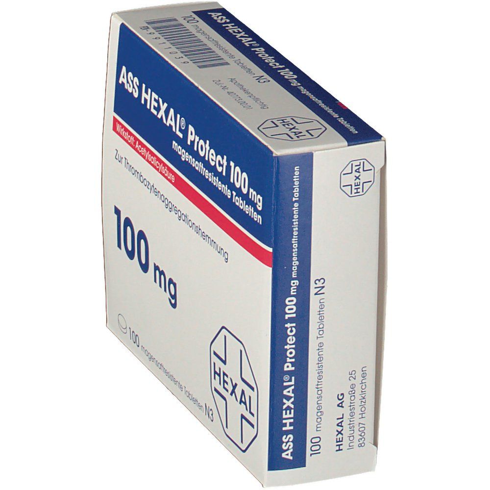 Schräg gestellte Packung ASS HEXAL Protect 100 mg. Blaue und weiße Schachtel mit Produktnamen, Dosierung und HEXAL-Logo. Enthält 100 Tabletten.