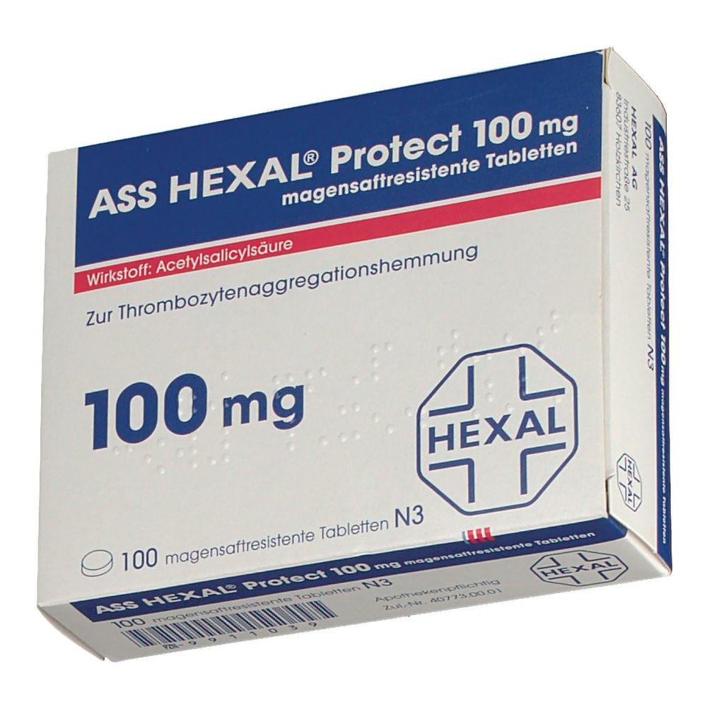 Packung ASS HEXAL Protect 100 mg. Blaue und weiße Schachtel mit Produktnamen, Dosierung und HEXAL-Logo. Enthält 100 magensaftresistente Tabletten.