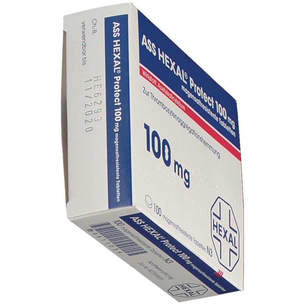 Schräg gestellte Packung ASS HEXAL Protect 100 mg. Blaue und weiße Schachtel mit Produktnamen, Dosierung und HEXAL-Logo. Enthält 100 Tabletten.