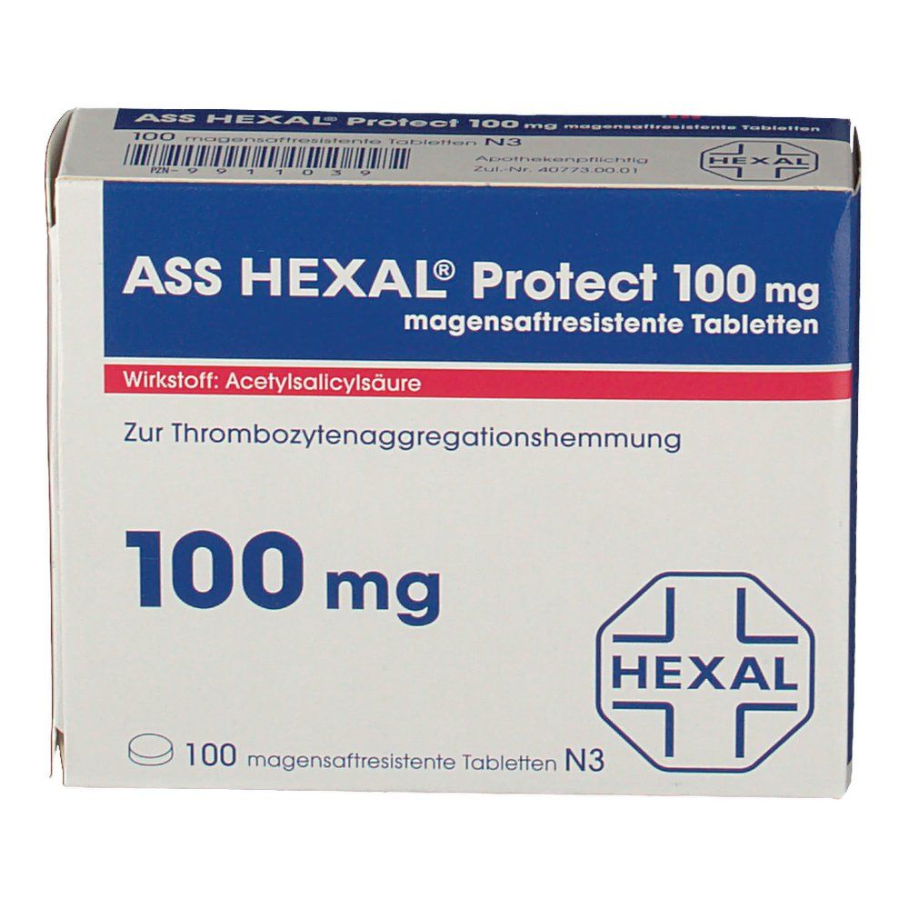 Packung ASS HEXAL Protect 100 mg. Blaue und weiße Schachtel mit Produktnamen, Dosierung und HEXAL-Logo. Enthält 100 magensaftresistente Tabletten.