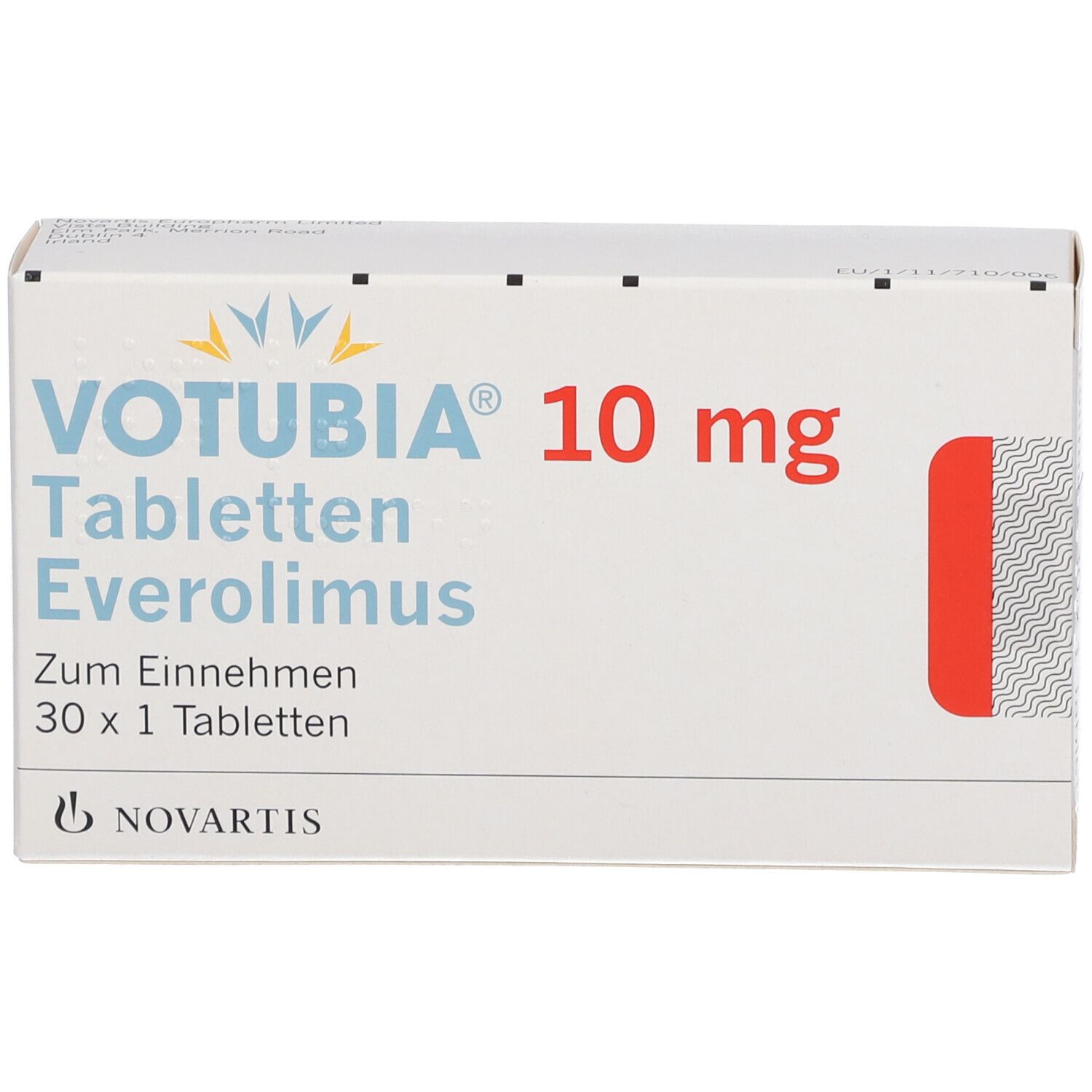 Votubia 10 mg Tabletten Everolimus Schachtel, Vorderseite mit Novartis Logo.