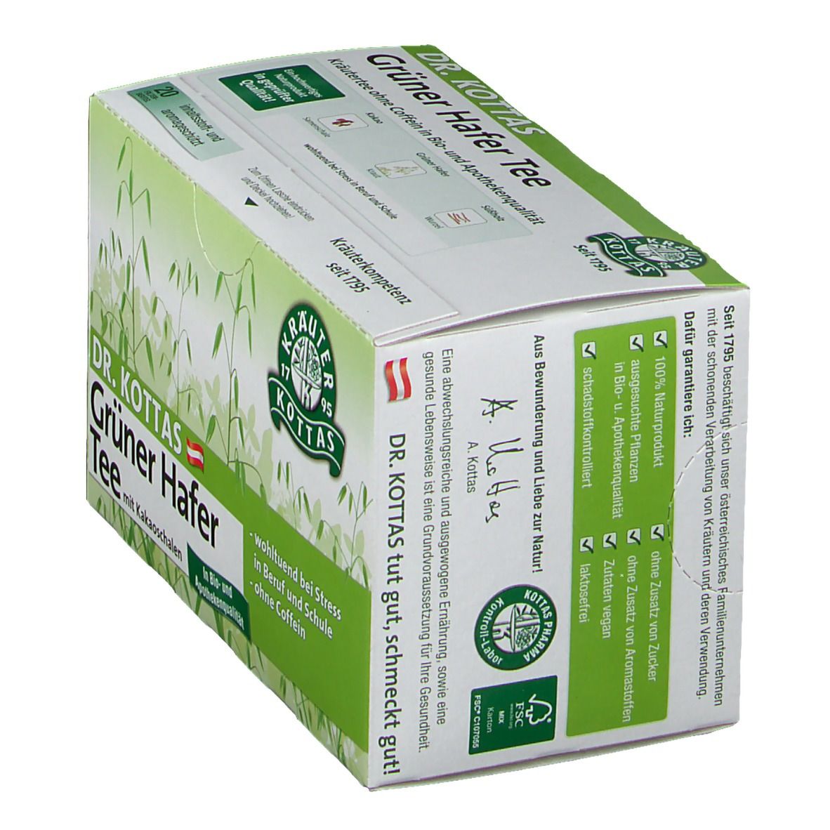 Schrägansicht der Teebox Dr. Kottas Grüner Hafer Tee. Logo, Produktname und Text auf grün-weißer Verpackung. FSC-Zertifizierung.