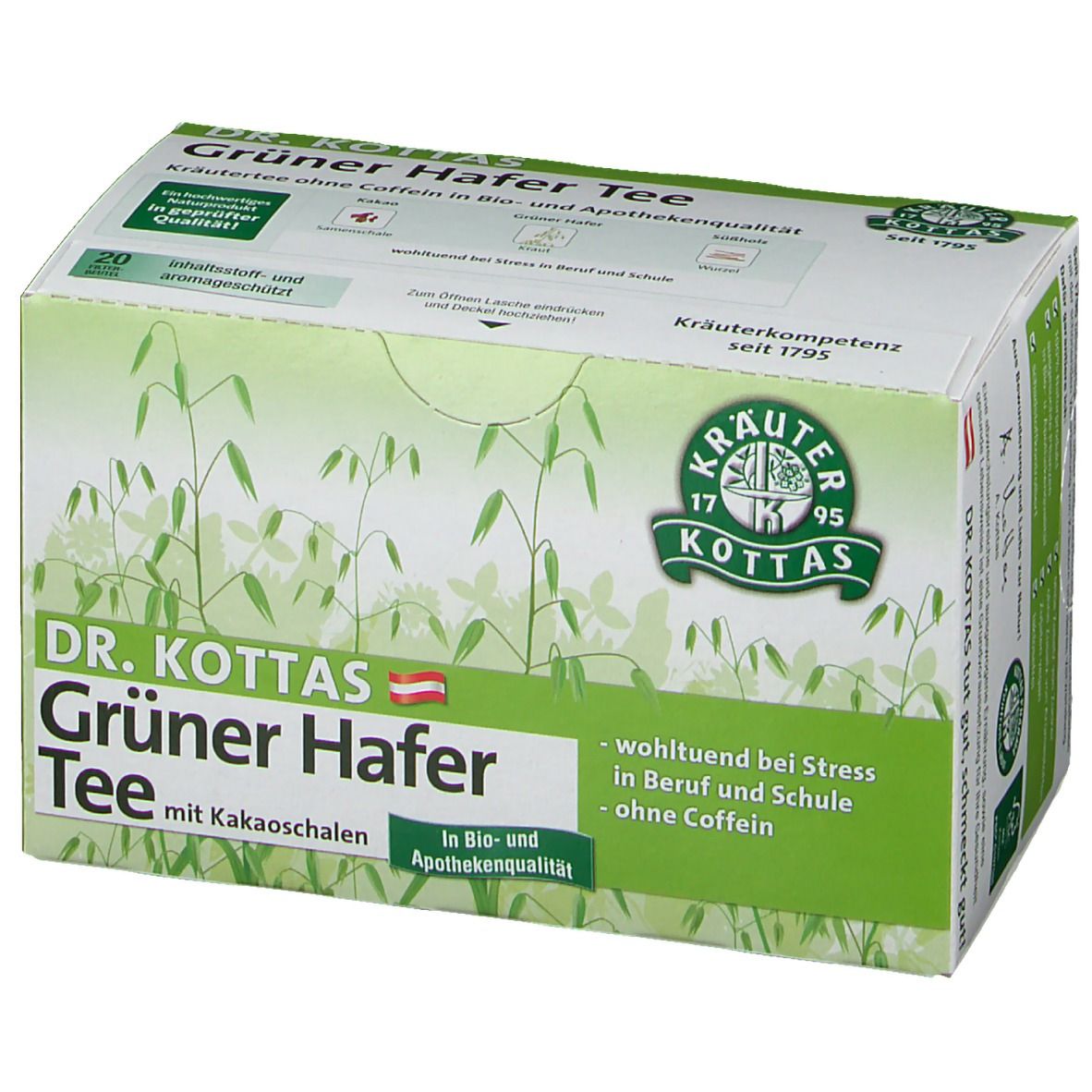 Dr. Kottas Grüner Hafer Tee mit Kakaoschalen. Grün-weiße Verpackung mit Logo und Produktnamen. 20 Teebeutel.
