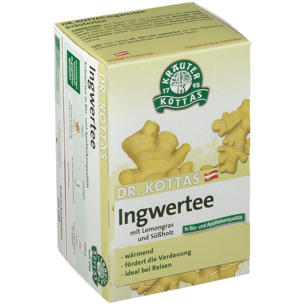 DR. KOTTAS Ingwertee mit Lemongras und Süßholz, Seitenansicht der Verpackung.