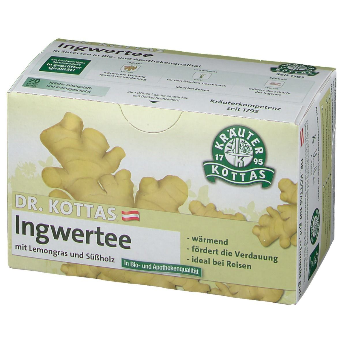 DR. KOTTAS Ingwertee mit Lemongras und Süßholz, Verpackung mit Ingwerabbildung.