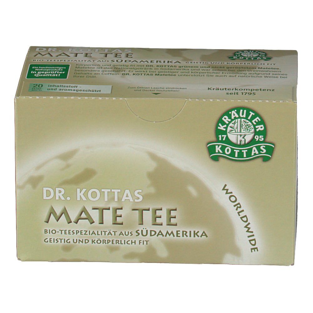 Verpackung von DR. KOTTAS Mate Tee. Aufschrift: Bio-Teespezialität aus Südamerika. Logo mit Kräutern. 20 Teebeutel.