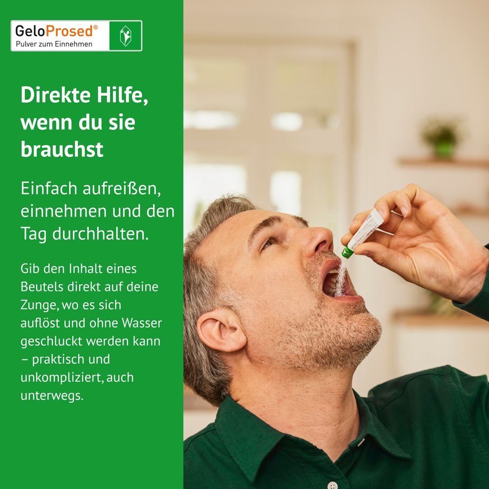 GeloProsed® Packung mit einem Einzelbeutel Pulver zum Einnehmen.