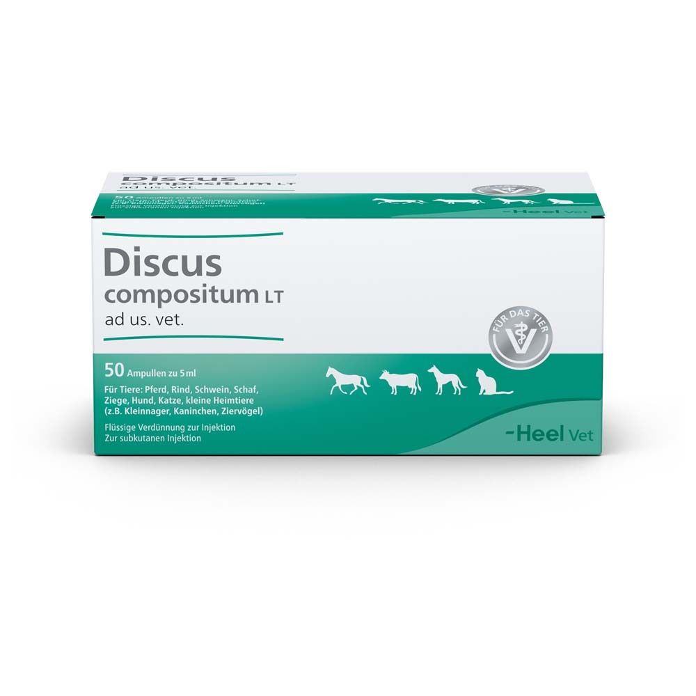 Karton mit Produkt Discus compositum LT ad us. vet. 50 Ampullen. Grün-weiße Verpackung mit Tier-Symbolen und Heel Vet Logo.