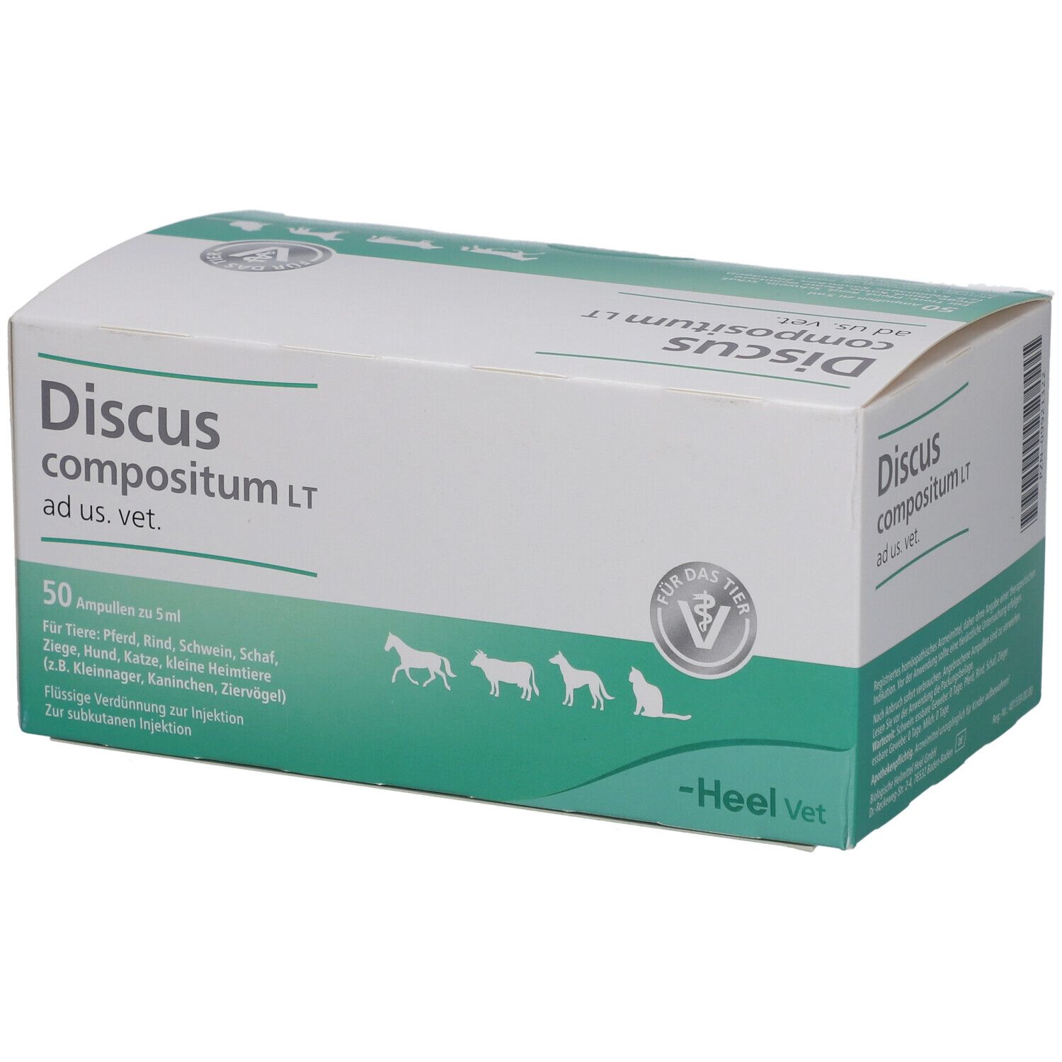 Karton mit Produktbezeichnung und Logo. Enthält 50 Ampullen. Für Tiere.