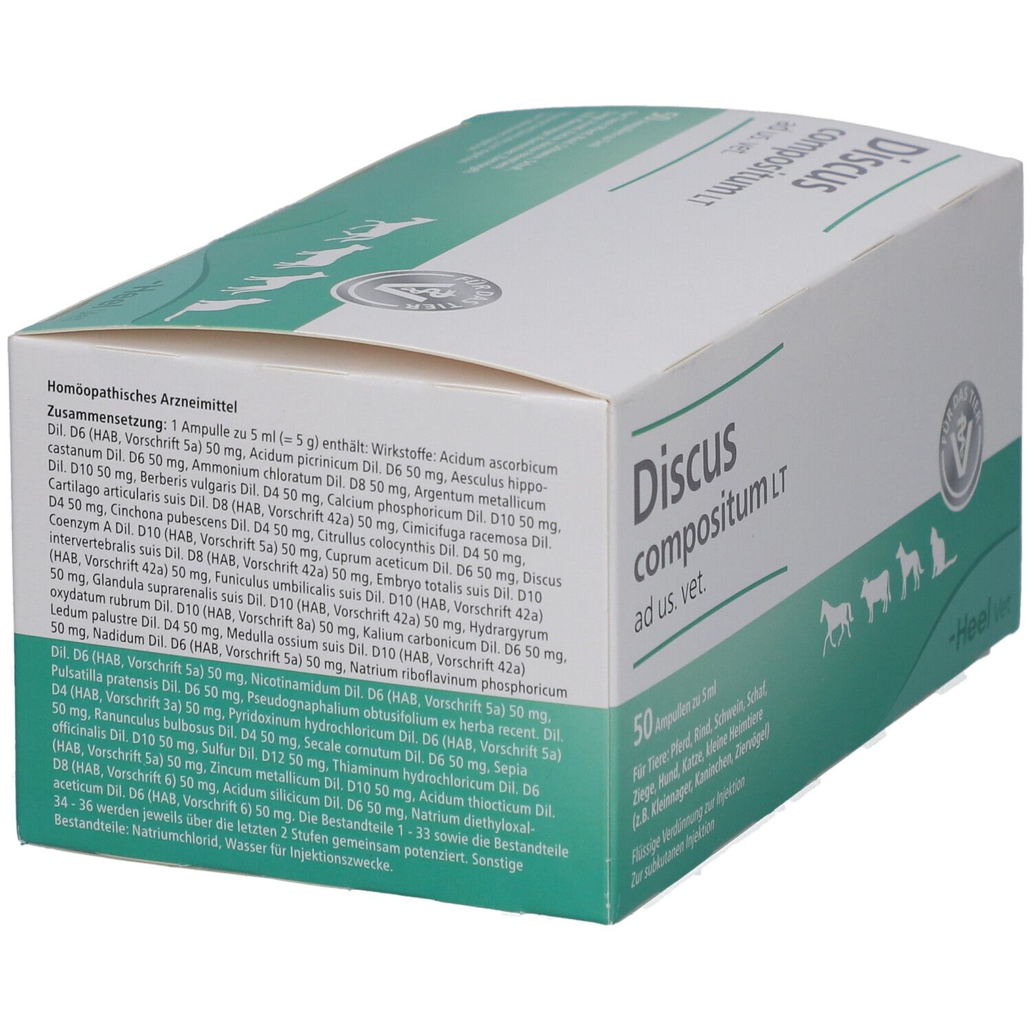 Karton mit Produktbezeichnung und Logo. Enthält 50 Ampullen. Für Tiere. Inhaltsstoffe.