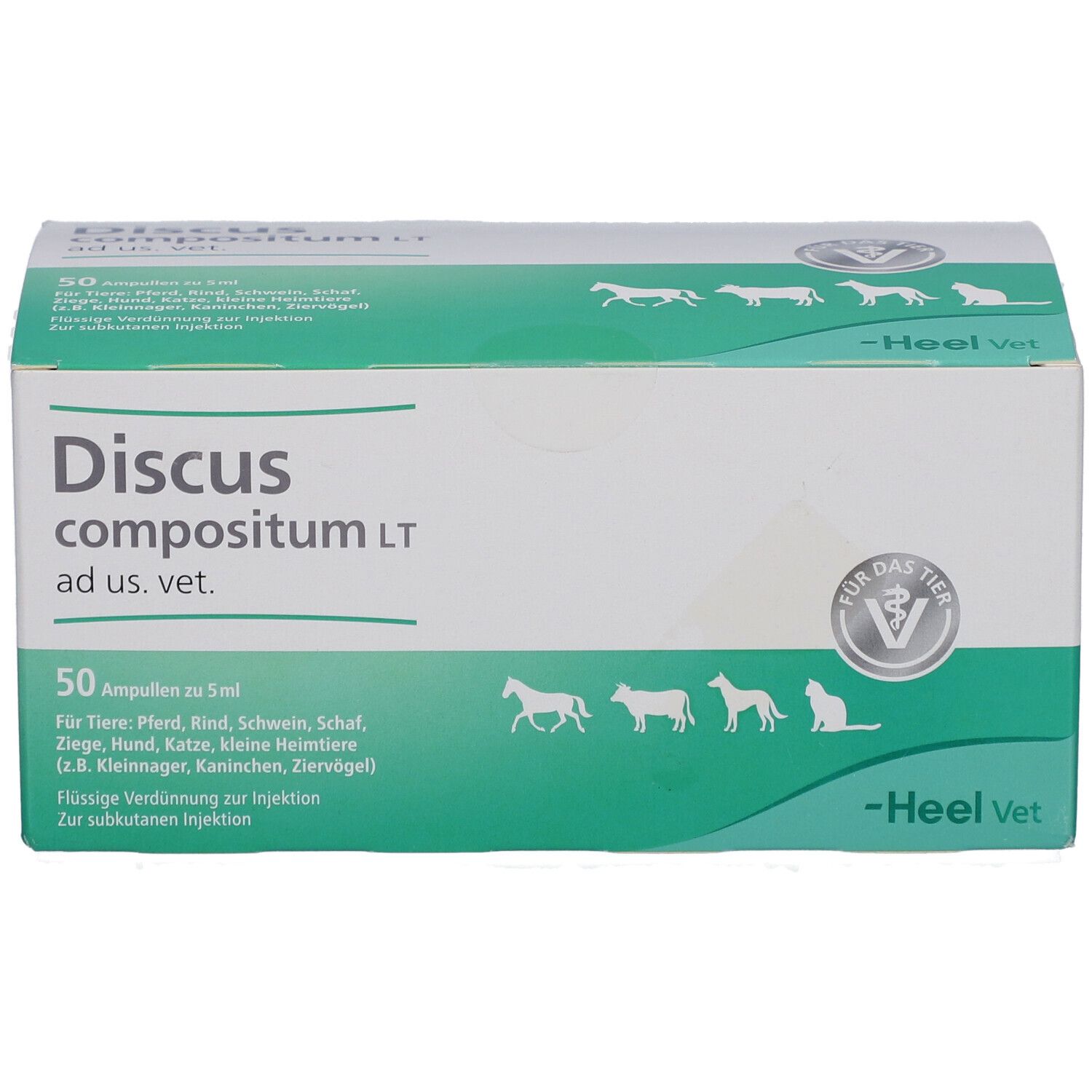 Karton mit Produktbezeichnung und Logo. Enthält 50 Ampullen. Für Tiere.