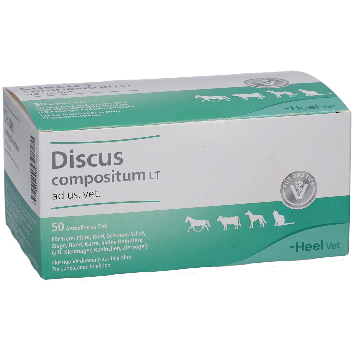 Karton mit Produktbezeichnung und Logo. Enthält 50 Ampullen. Für Tiere.