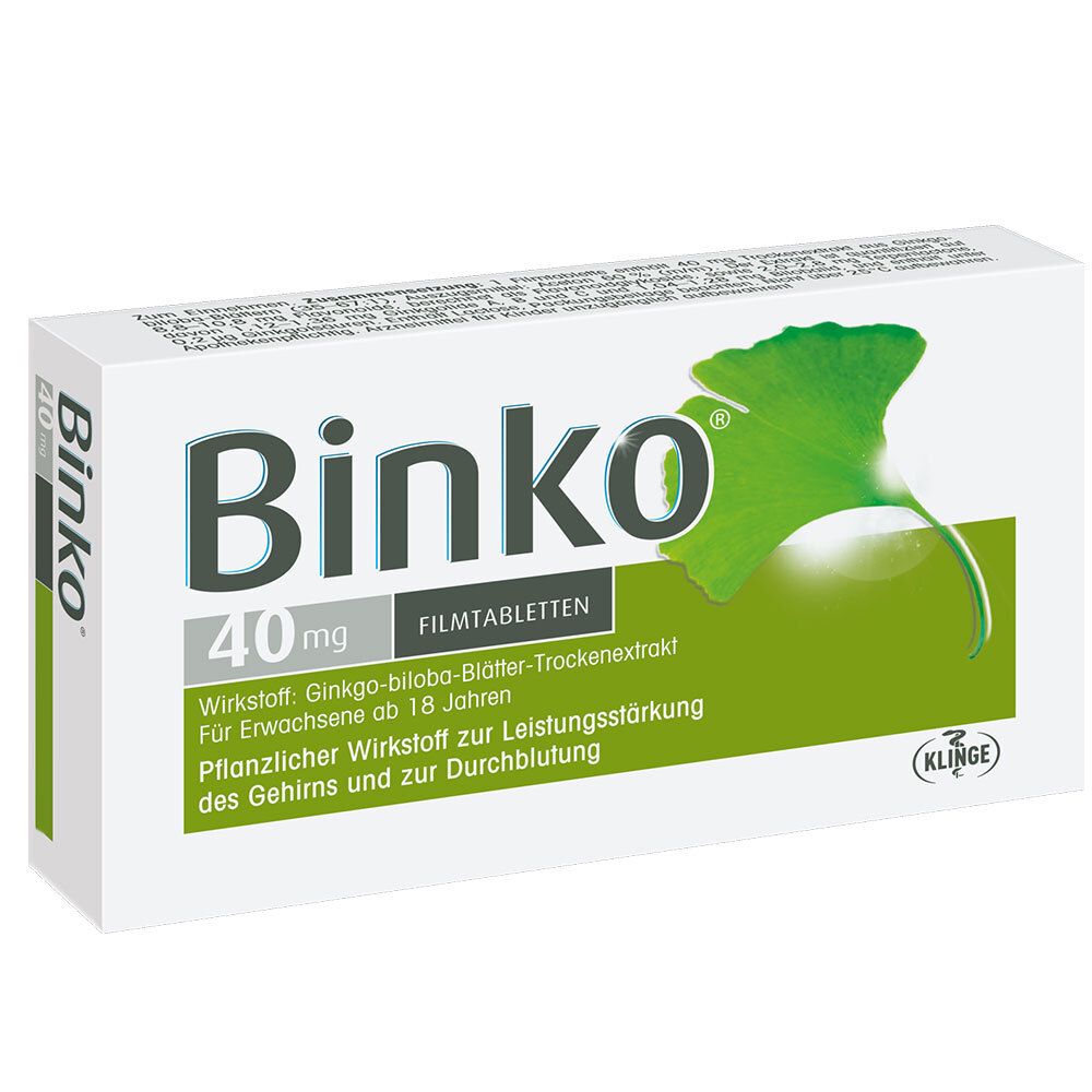 Weiße Schachtel mit "Binko 40 mg". Grün-weiße Grafik mit Ginkgo-Blatt. Text: "Filmtabletten".