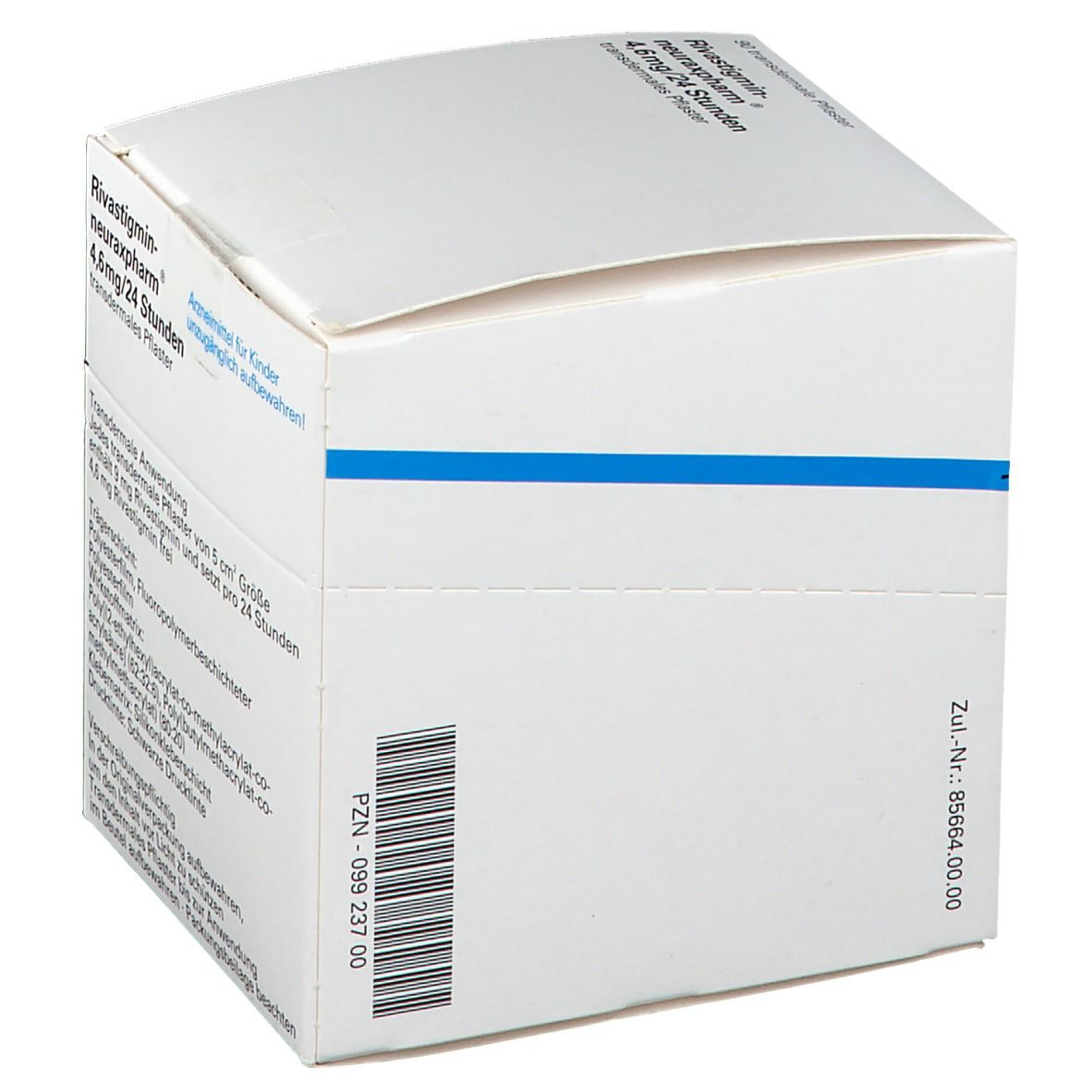 Weiße Faltschachtel mit blauem Streifen. Aufdruck: RIVASTIGMIN neuraxpharm 4,6 mg/24 Stunden transdermales Pflaster. Barcode.