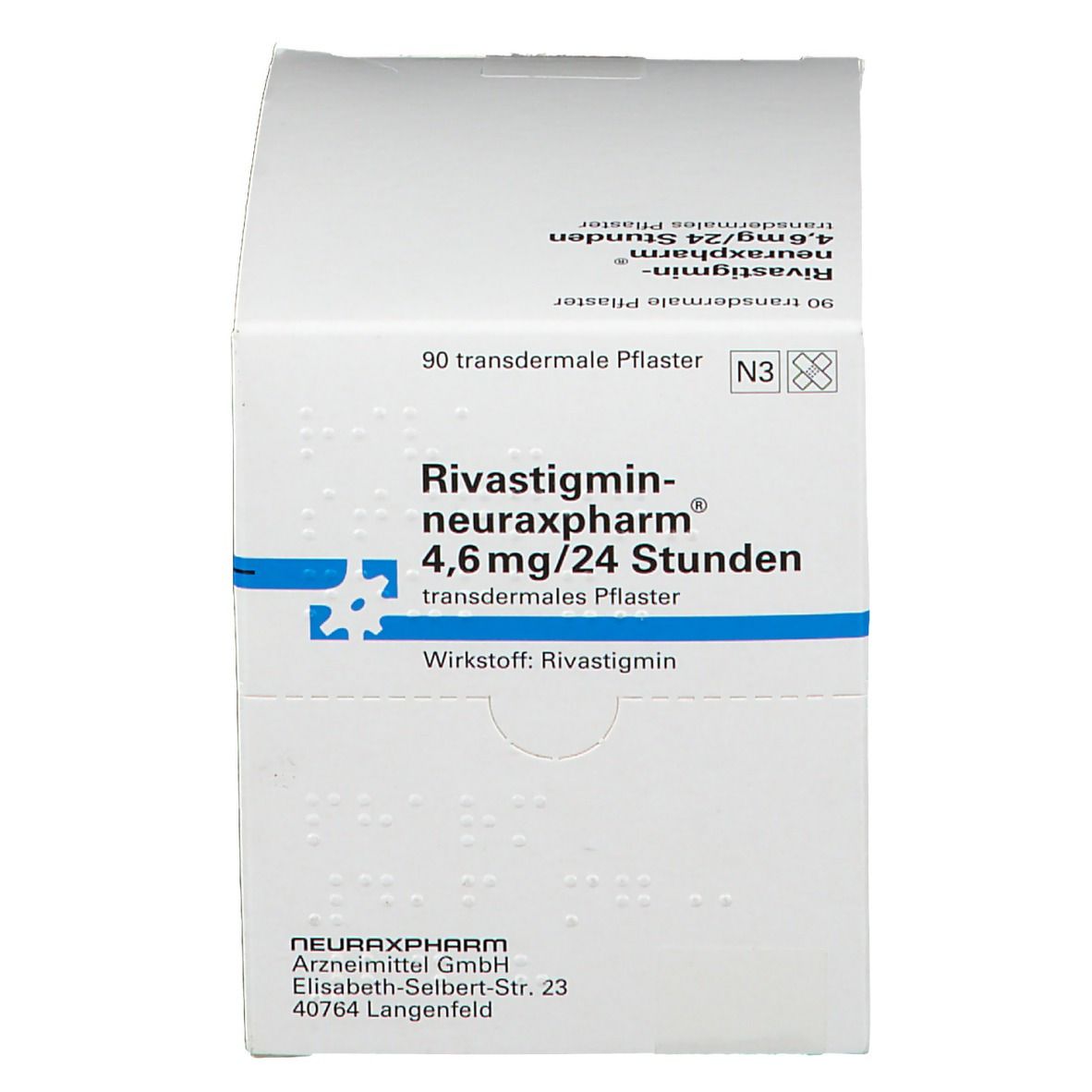 Geöffnete weiße Faltschachtel. Aufdruck: RIVASTIGMIN neuraxpharm 4,6 mg/24 Stunden transdermales Pflaster. 90 Pflaster.
