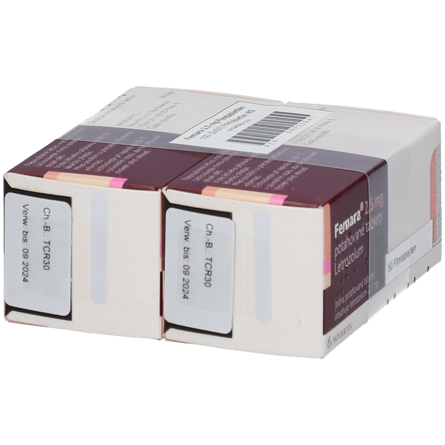 Femara 2,5 mg, Packung mit 50 Filmtabletten. Zwei Packungen, durchsichtig verpackt. Hersteller Novartis.