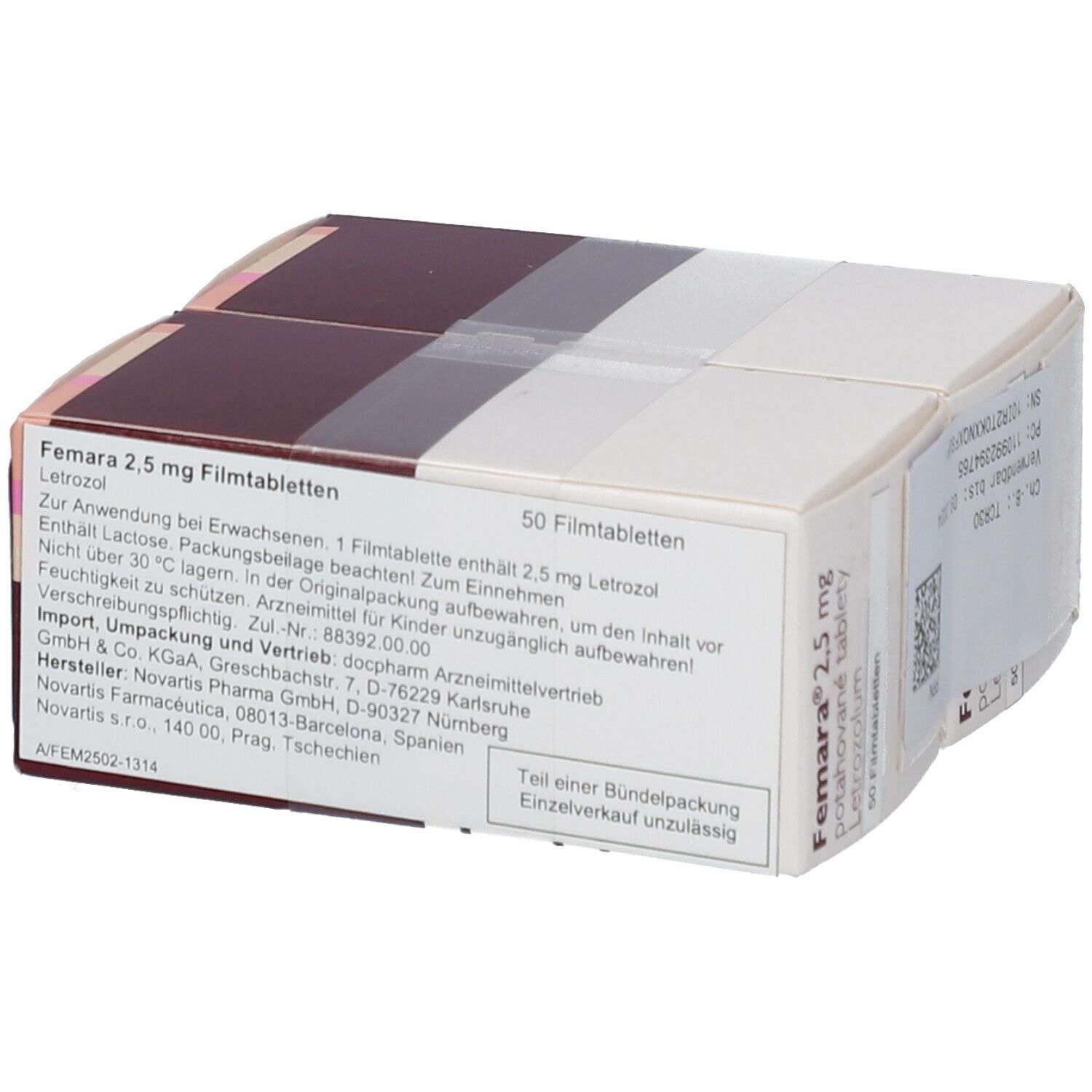 Femara 2,5 mg, Packung mit 50 Filmtabletten. Rückseite mit Text. Hersteller Novartis.