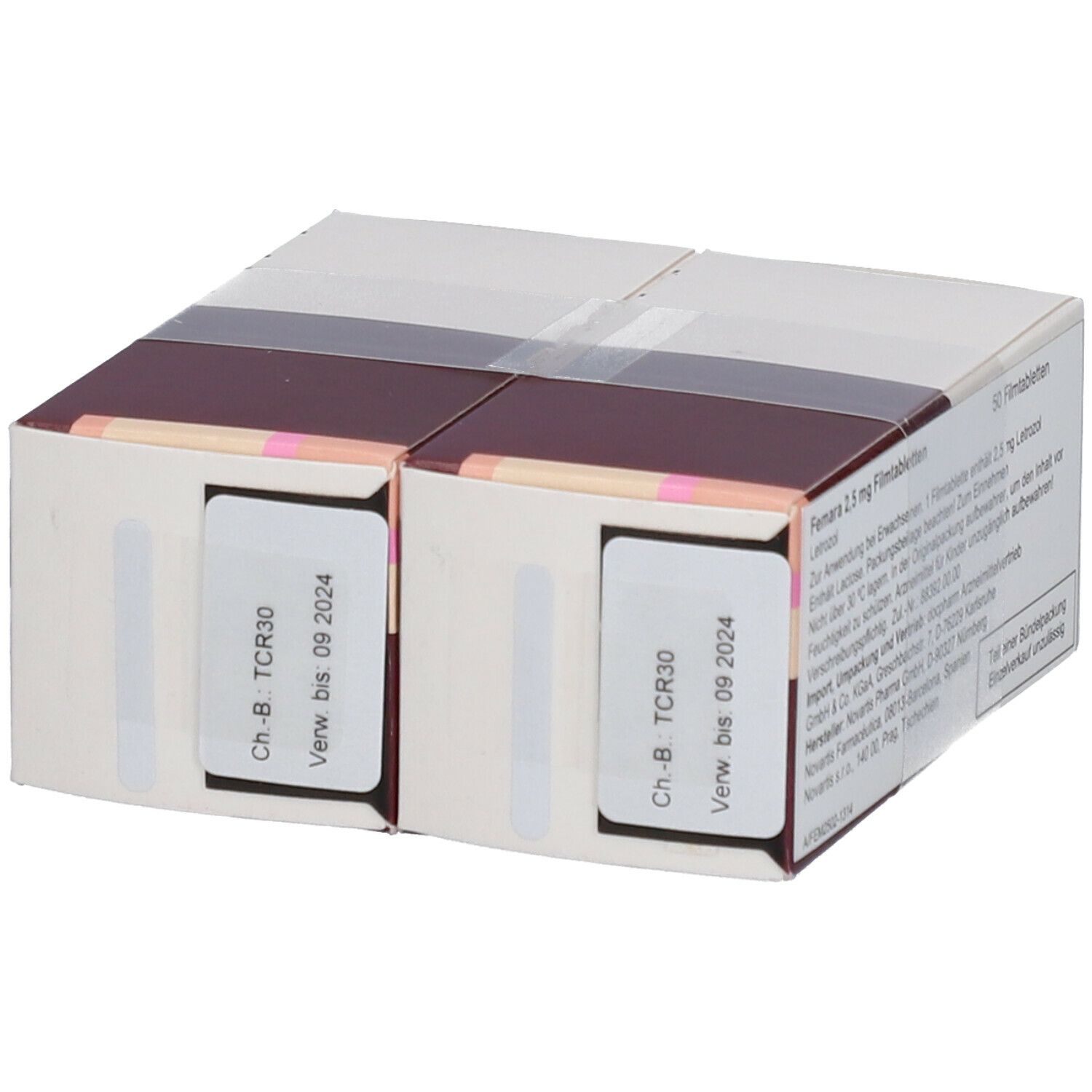 Femara 2,5 mg, Packung mit 50 Filmtabletten. Zwei Packungen, durchsichtig verpackt. Hersteller Novartis.