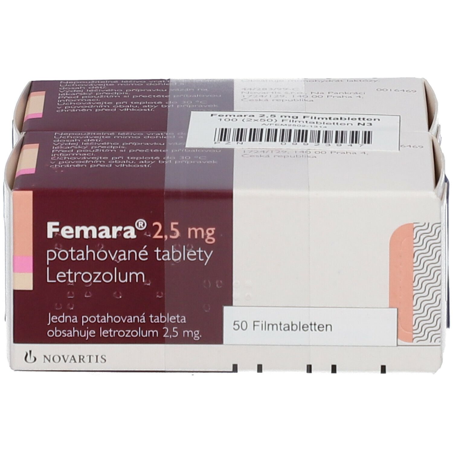 Femara 2,5 mg, Packung mit 50 Filmtabletten. Aufschrift: Letrozolum. Hersteller Novartis.