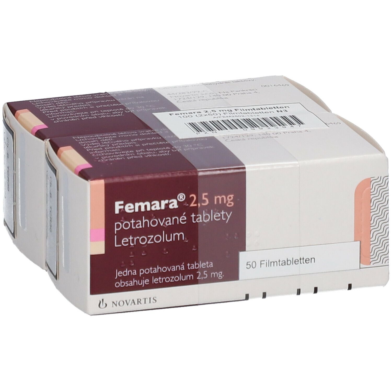 Femara 2,5 mg, Packung mit 50 Filmtabletten. Aufschrift: Letrozolum. Hersteller Novartis.