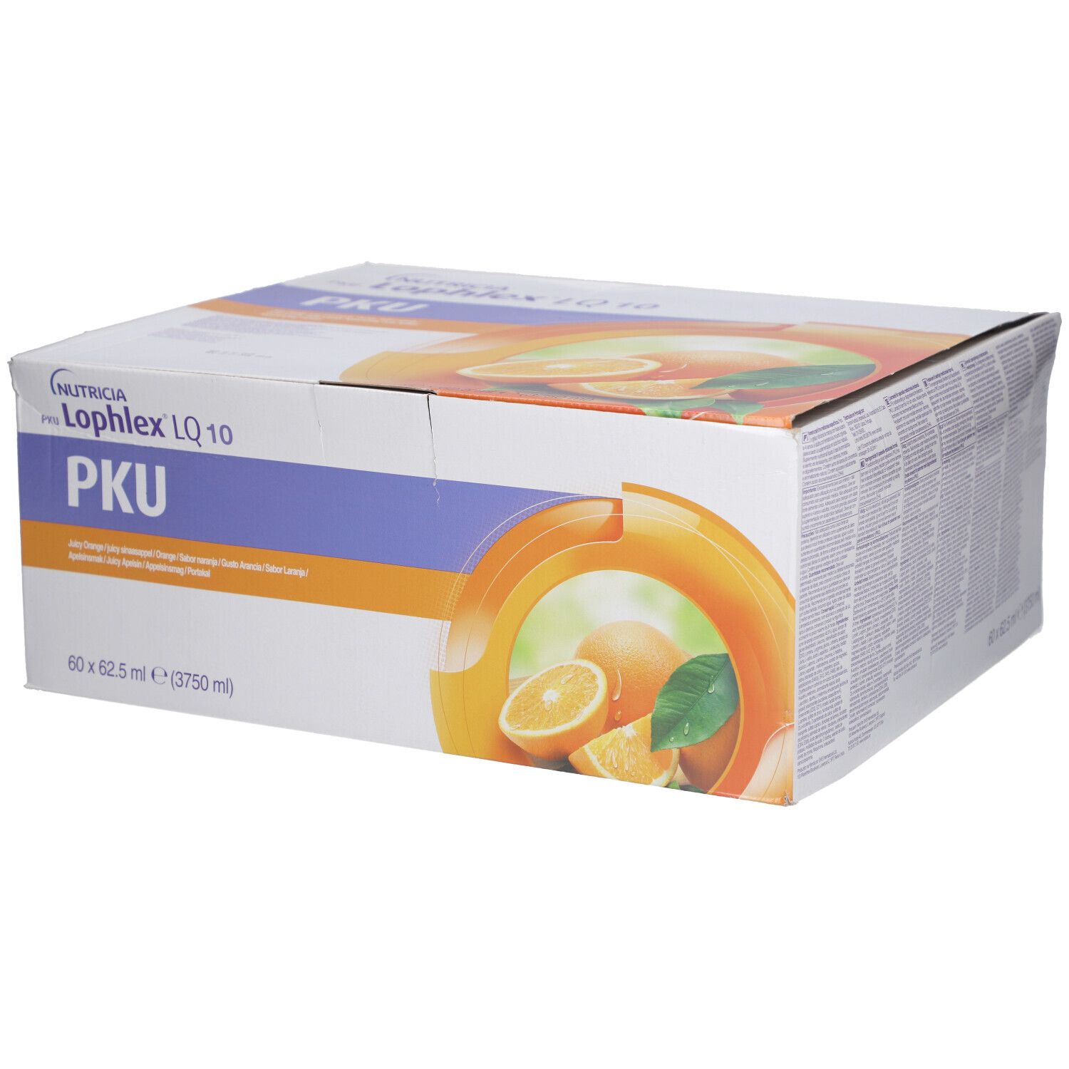 Karton mit Produktaufdruck. Aufschrift: Nutricia, PKU, Lophlex LQ 10, Juicy Orange. Abbildung von Orangen. 60 x 62,5 ml.