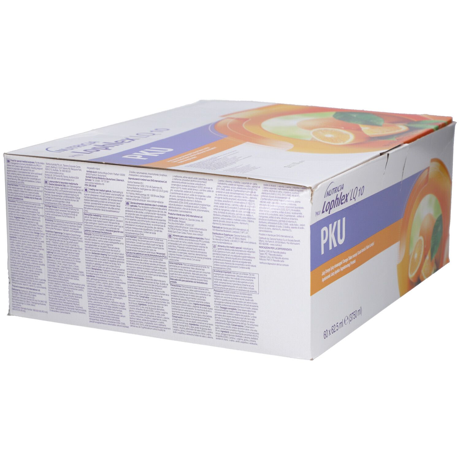 Produktkarton mit Text. Aufschrift: Nutricia, Lophlex LQ 10, PKU. Abbildung von Orangen. Text in mehreren Sprachen. 60 x 62,5 ml.