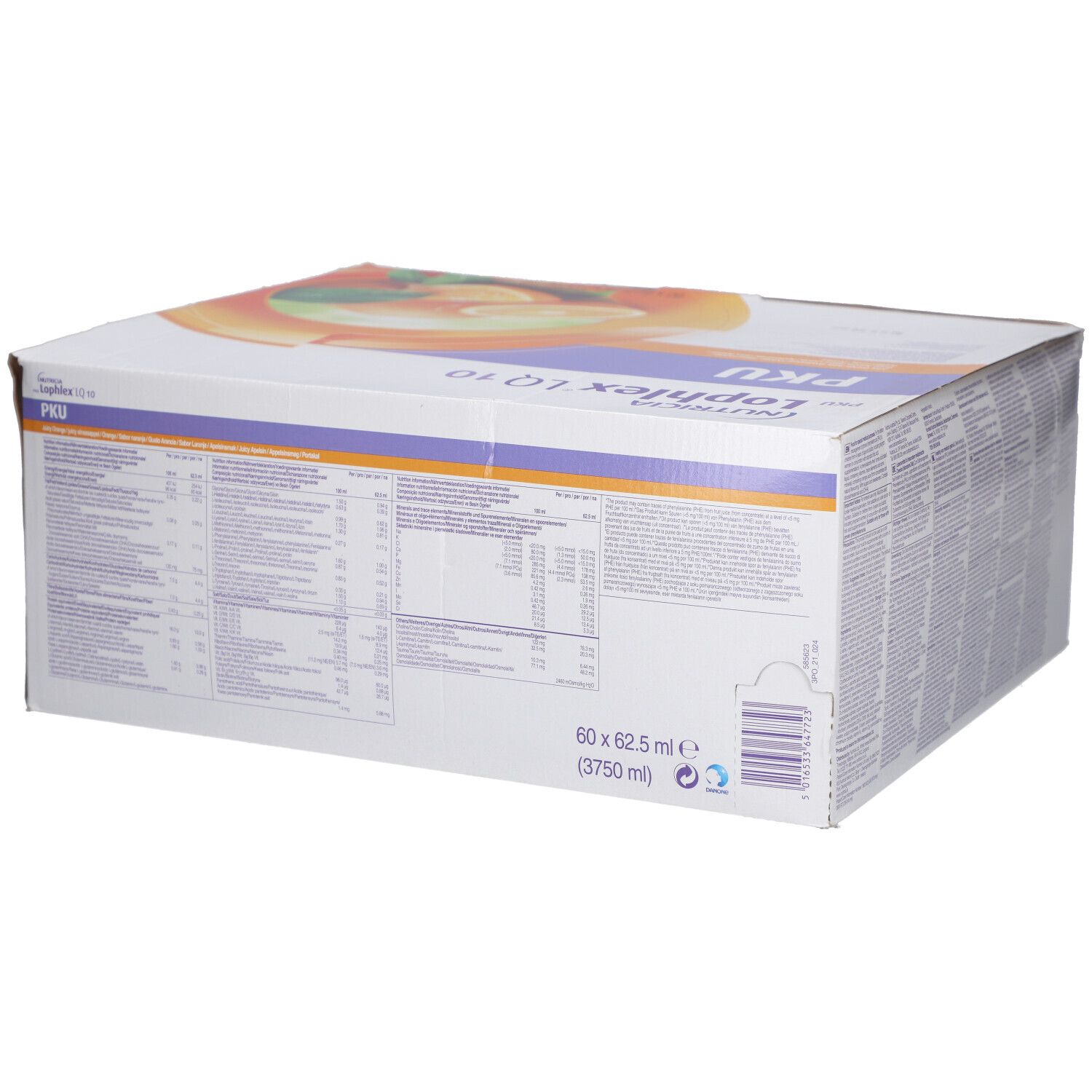Produktkarton mit Text. Aufschrift: Nutricia, Lophlex LQ 10, PKU. Text in mehreren Sprachen. 60 x 62,5 ml (3750 ml).