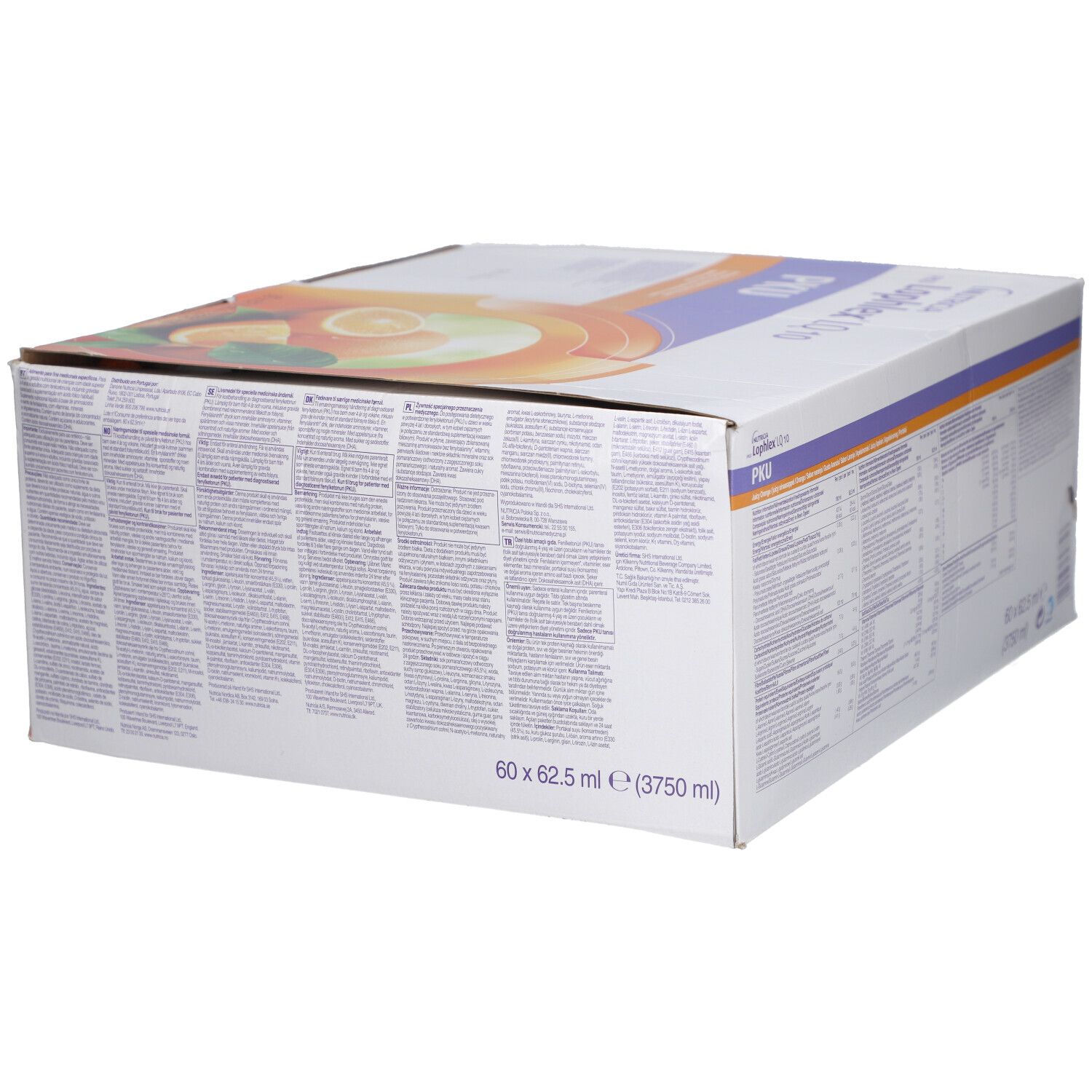 Produktkarton mit Text. Aufschrift: Nutricia, Lophlex LQ 10, PKU. Text in mehreren Sprachen. 60 x 62,5 ml (3750 ml).