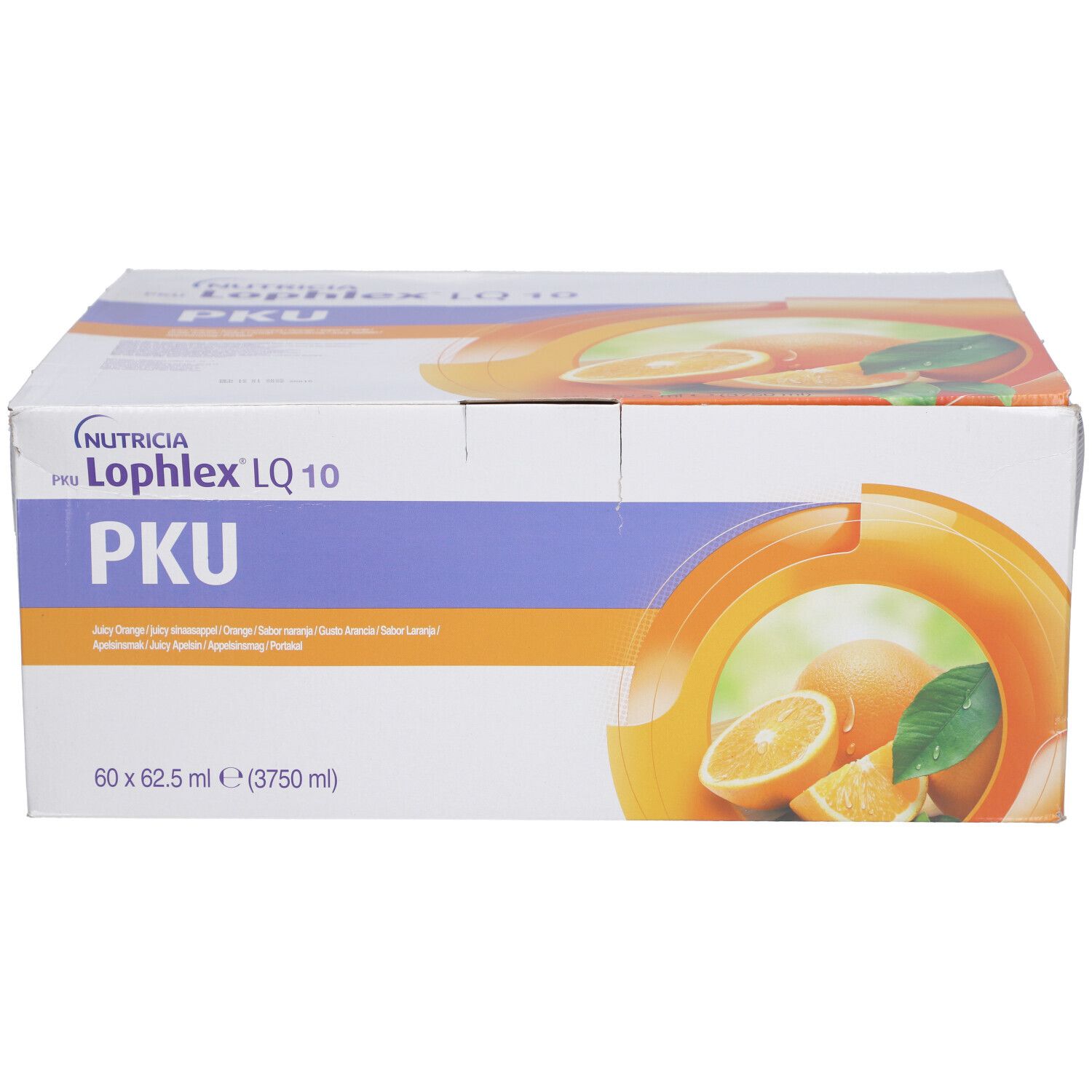 Produktkarton mit Text. Aufschrift: Nutricia, Lophlex LQ 10, PKU. Abbildung von Orangen. 60 x 62,5 ml (3750 ml).