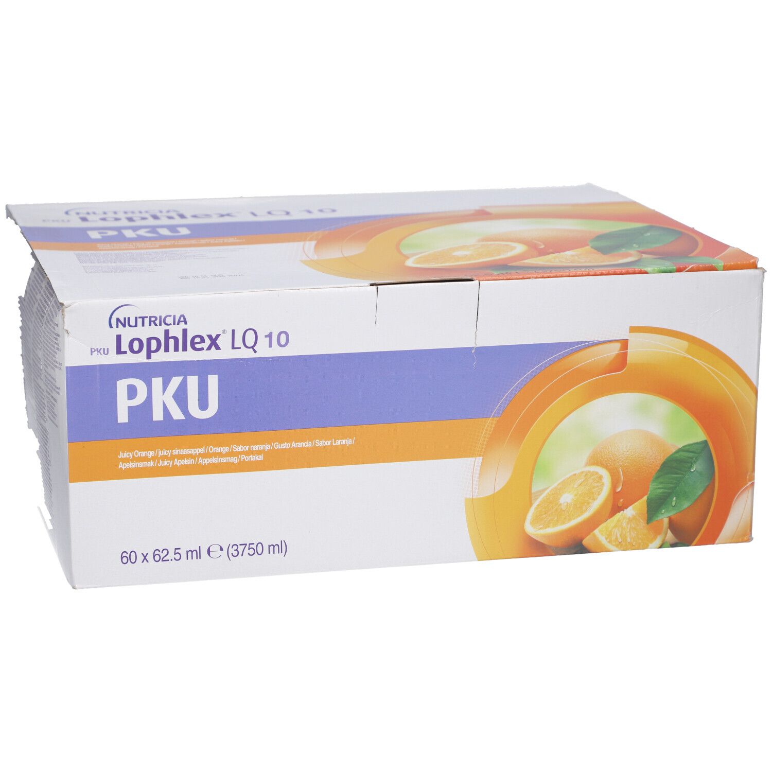 Produktkarton mit Text. Aufschrift: Nutricia, Lophlex LQ 10, PKU. Abbildung von Orangen. 60 x 62,5 ml (3750 ml).