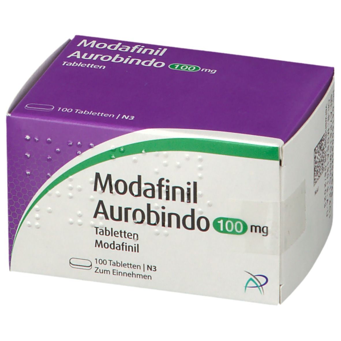 Modafinil Aurobindo 100 mg Tabletten Schachtel, Vorderseite mit Produktnamen und Stärke.