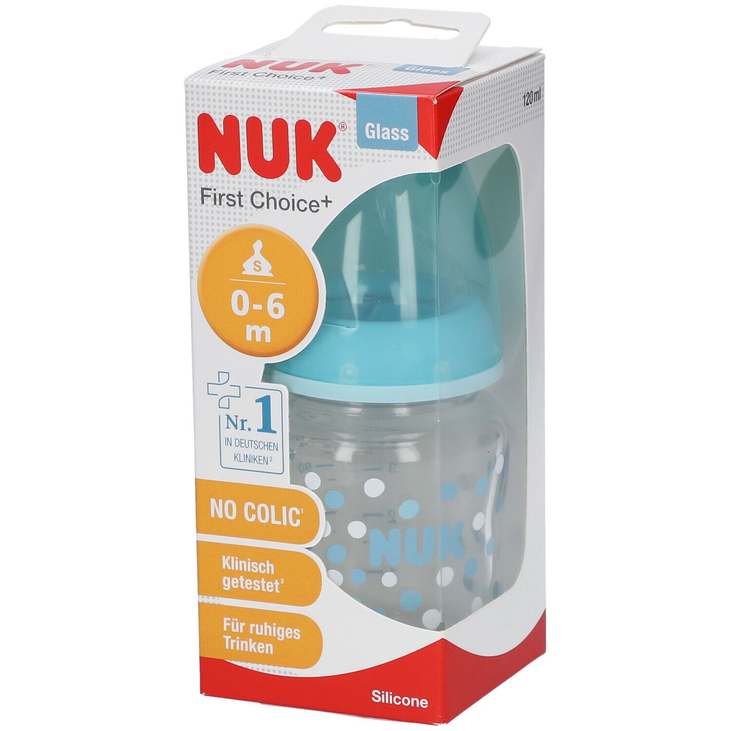 NUK First Choice Plus Babyflasche 120ml mit Silikonsauger für Milch & Tee, 0-6 Monate (Farbe nicht wählbar)