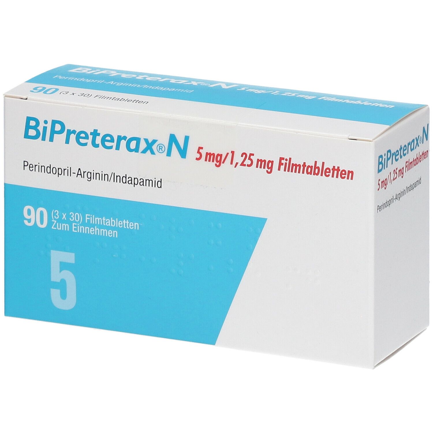 Verpackung von Bipreterax N 5 mg/1,25 mg Filmtabletten. Blaue und weiße Schachtel mit Produktnamen und Dosierung. 90 Tabletten.