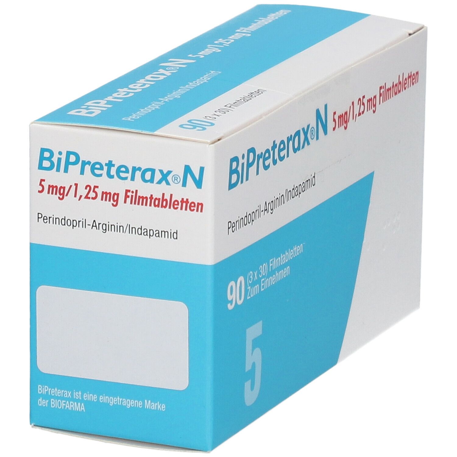 Schachtel von Bipreterax N 5 mg/1,25 mg Filmtabletten. Blaue und weiße Verpackung mit Produktinformationen. 90 Tabletten.