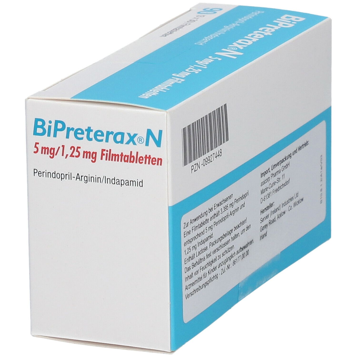 Schachtel von Bipreterax N 5 mg/1,25 mg Filmtabletten. Verpackung mit Produktnamen, Dosierung und Barcode. 90 Tabletten.