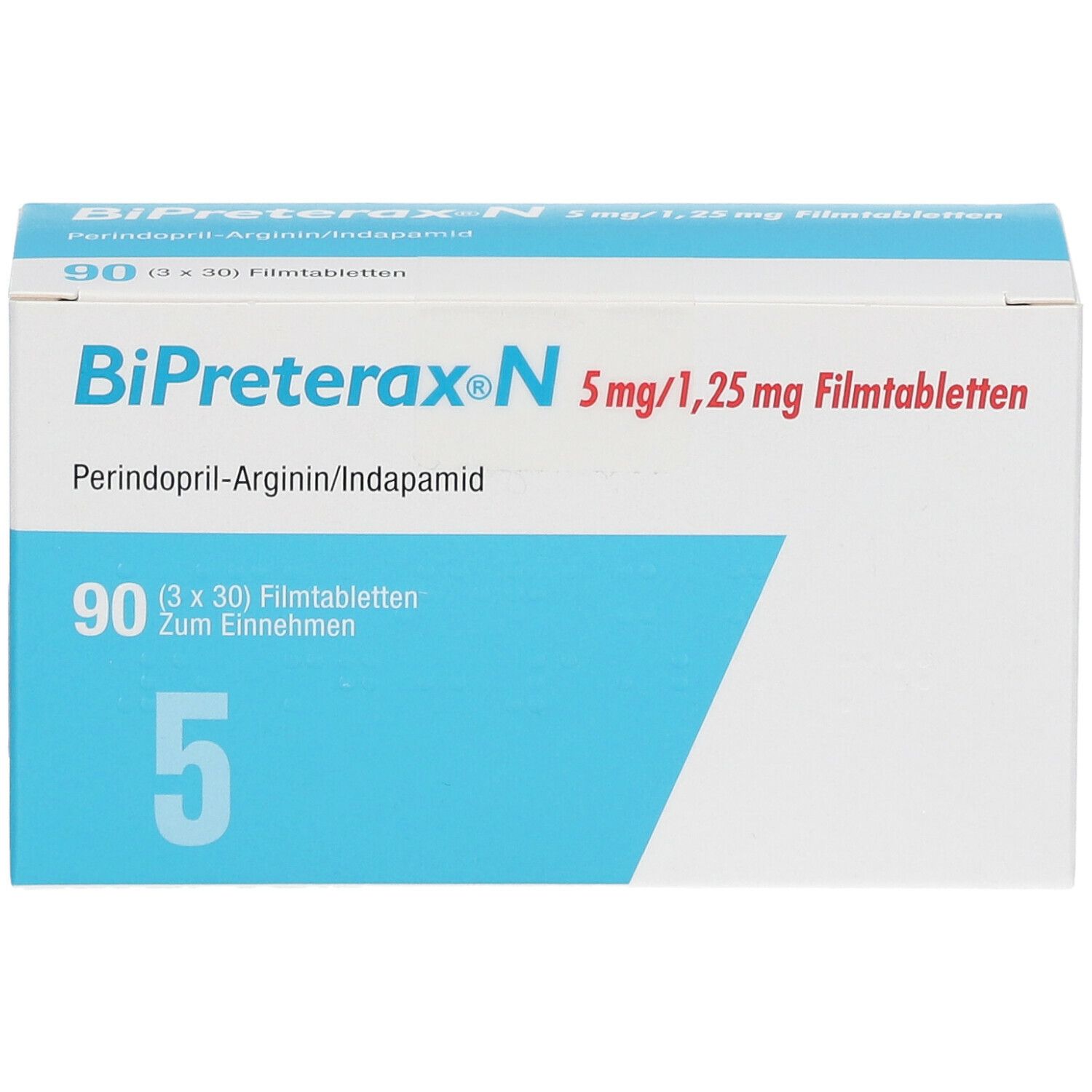 Verpackung von Bipreterax N 5 mg/1,25 mg Filmtabletten. Blaue und weiße Schachtel mit Produktinformationen. 90 Tabletten.