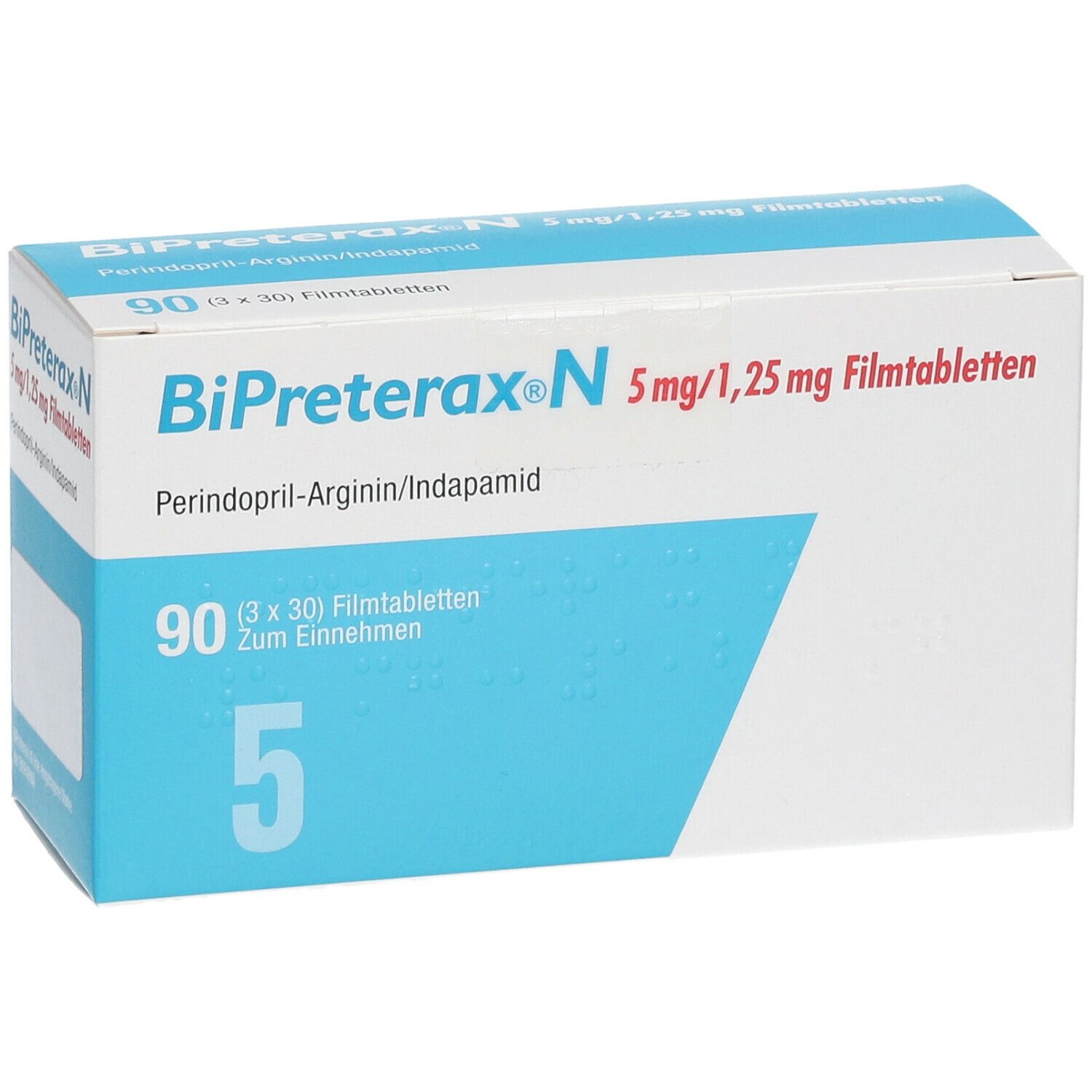 Verpackung von Bipreterax N 5 mg/1,25 mg Filmtabletten. Blaue und weiße Schachtel mit Produktinformationen. 90 Tabletten.