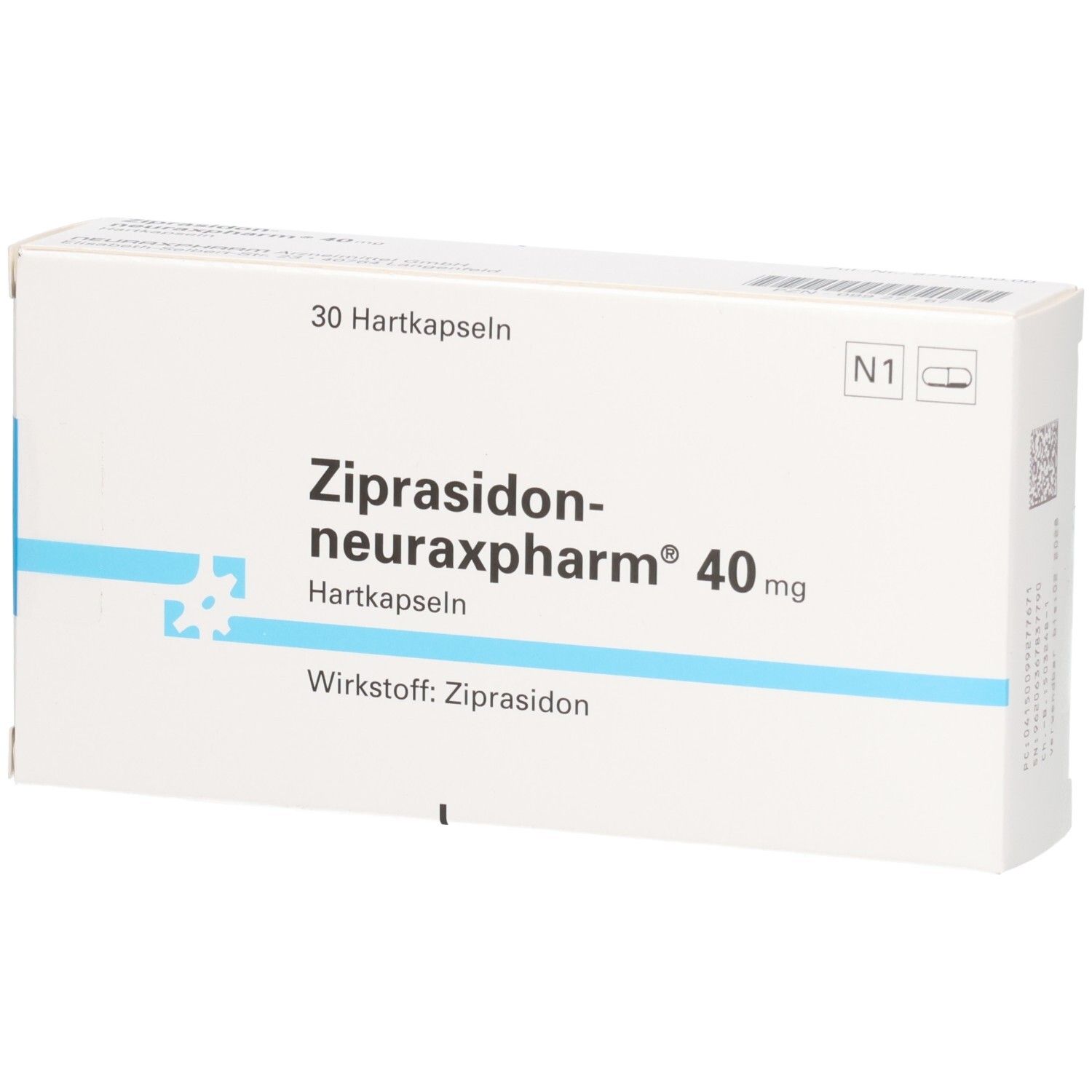 Weiße Schachtel mit blauen Akzenten. Aufdruck: ZIPRASIDON neuraxpharm 40 mg Hartkapseln. 30 Hartkapseln. Wirkstoff: Ziprasidon.