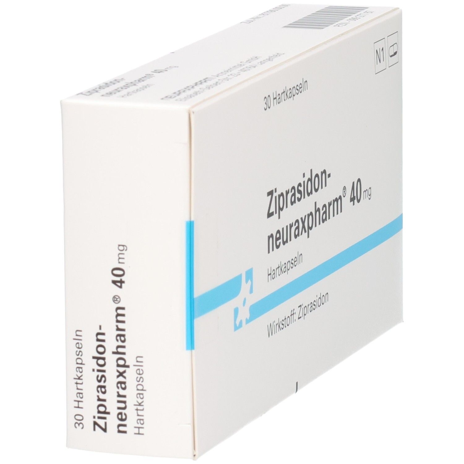 Weiße Schachtel, seitliche Ansicht. Aufdruck: ZIPRASIDON neuraxpharm 40 mg Hartkapseln. 30 Hartkapseln. Wirkstoff: Ziprasidon.